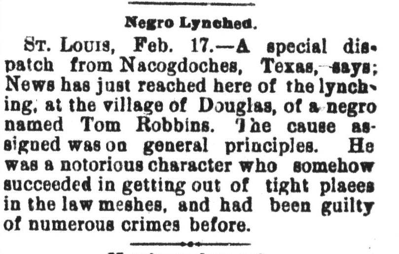Another of only a few articles documenting the murder of Tom Robbins.