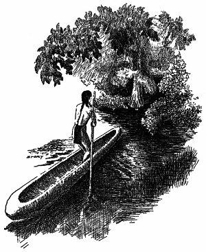 Atakapa-speaking man poling a dugout canoe along the upper Texas coast, as envisioned by artist Hal Story. From W.W. Newcomb's Indians of Texas, courtesy University of Texas Press.