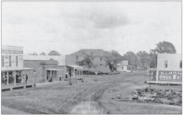 Downtown New Waverly, showcasing the town's mercantile operations and bank.