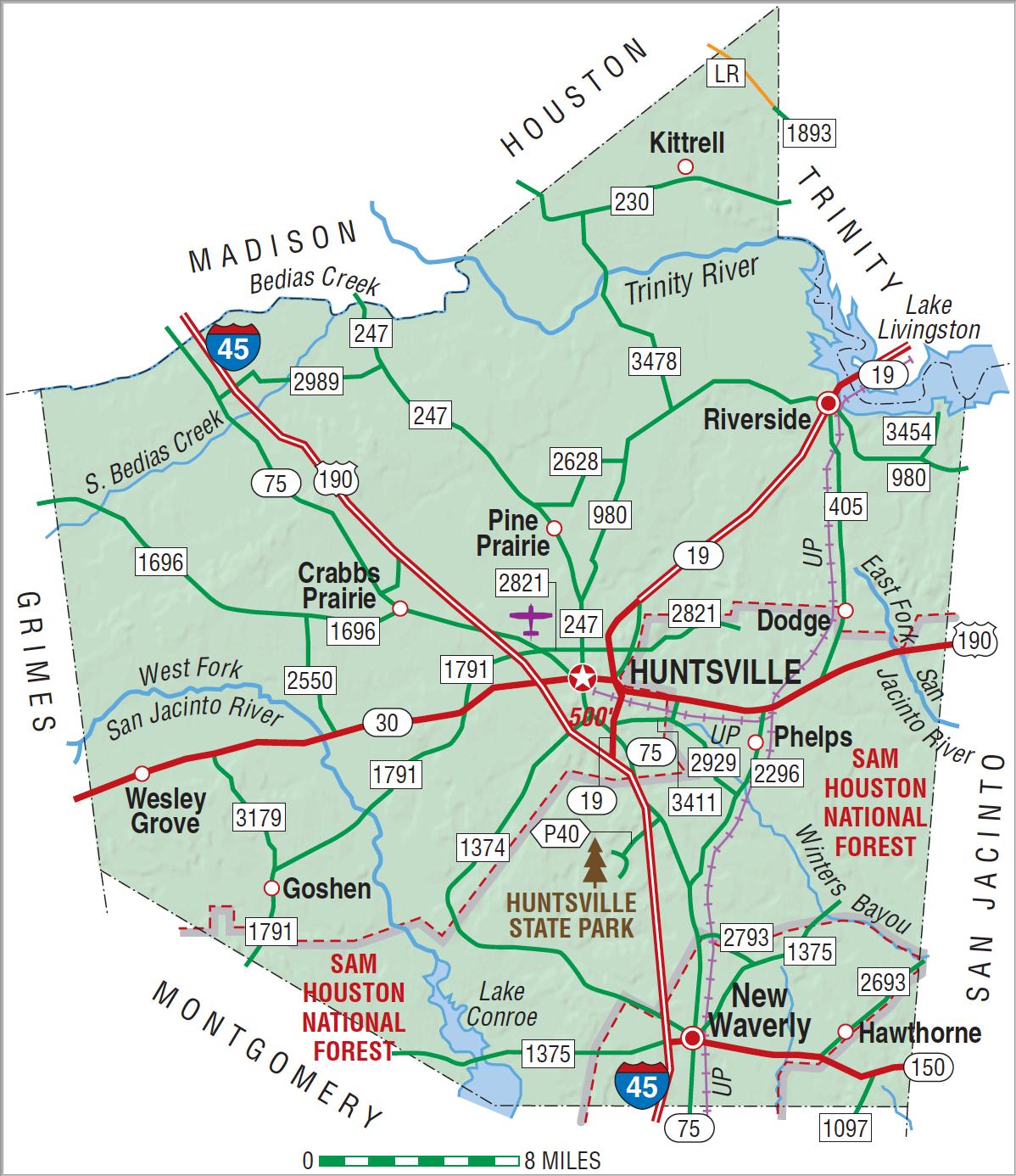 Map of Walker County, Texas showing the Trinity and San Jacinto rivers