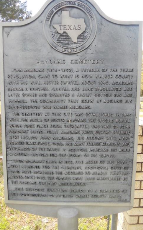 McAdams Cemetery historical marker sign.