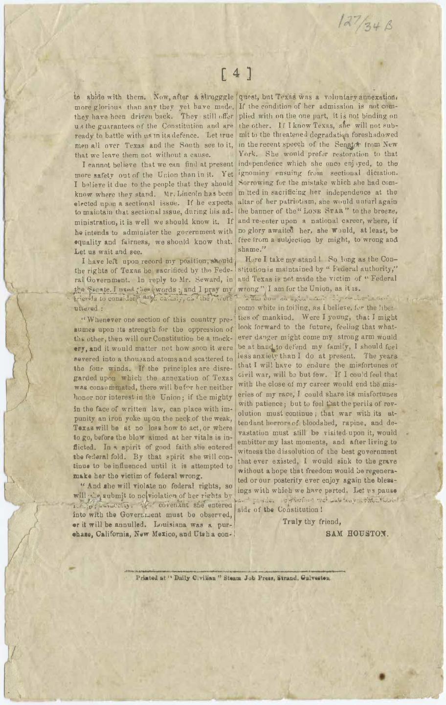 Letter from Sam Houston to the citizens of Huntsville, Texas, discussing the Union crisis, 1860.<br />