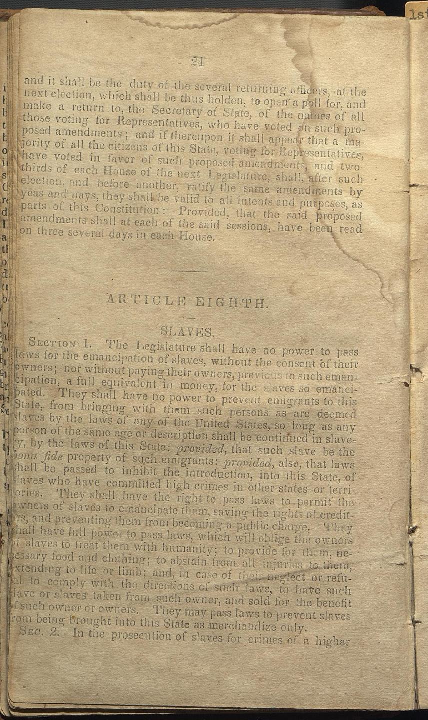 Slaveholders' legal rights and limitations on the emancipation of enslaved individuals are outlined in this excerpt from the Constitution. The formal incorporation of slavery into state law, as demonstrated in this text, strengthened the institution's status as a legal and economic system rather than a transient social practice.