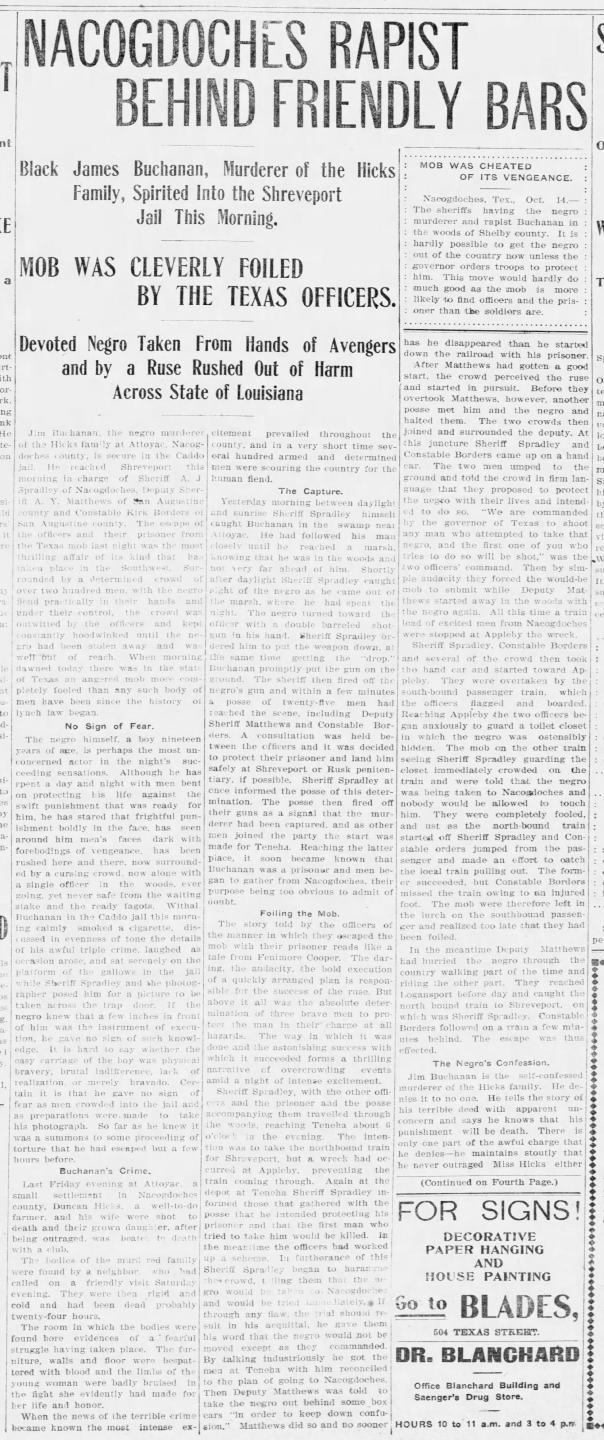 This article out of Shreveport, Louisiana, is one of the most detailed and sensationalized accounts of Buchanan up to the point of his imprisonment at Shreveport.