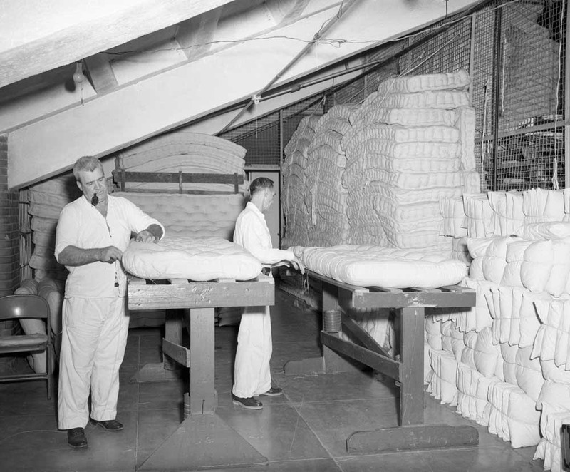 Inmates working in the Mattress Factory in the Wynne Unit, circa 1960