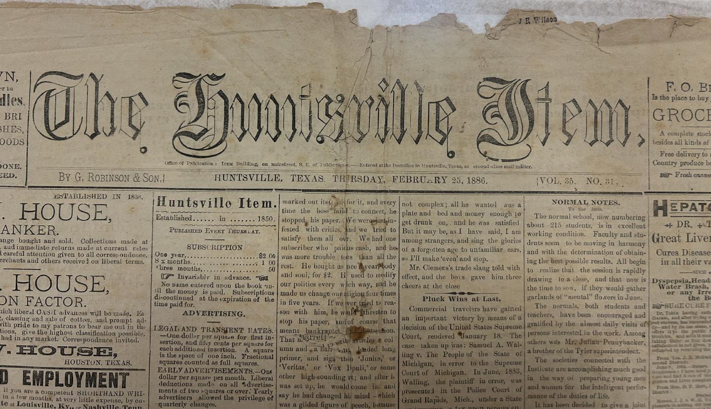 The Huntsville Item's Masthead in 1886