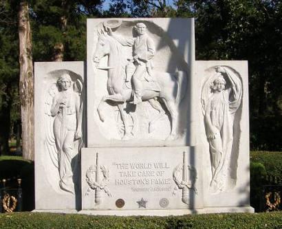 Sam Houston's memorial grave and monument with the inscription "the world will take care of Houston's fame" quoted from Andrew Jackson.