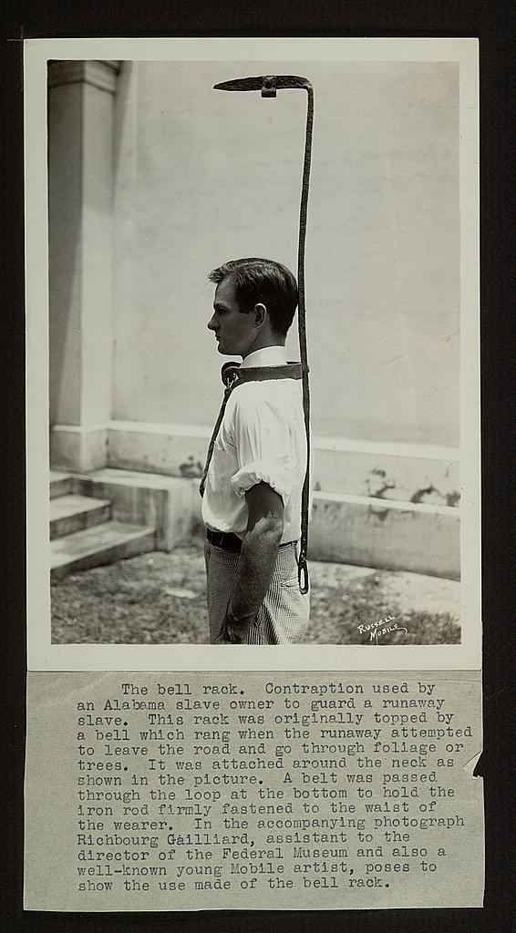A picture of a "bell rack," a contraption that enslavers used to punish slaves for escaping by warning others if they strayed too far from the property. These gadgets show the harsh methods used to keep slaves under control, including physical constraint, humiliation, and surveillance.