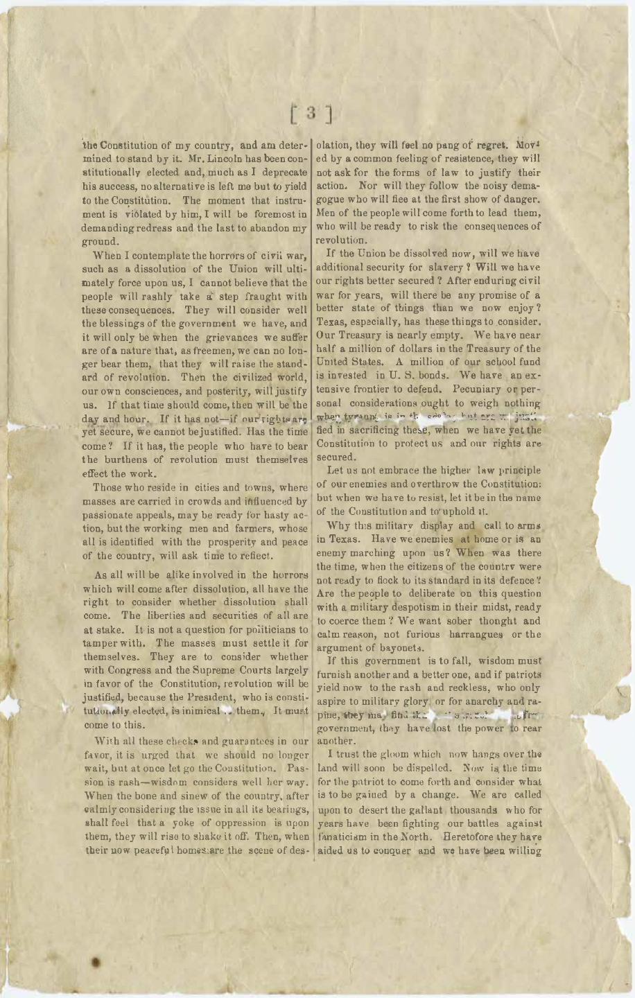Letter from Sam Houston to the citizens of Huntsville, Texas, discussing the Union crisis, 1860.<br />