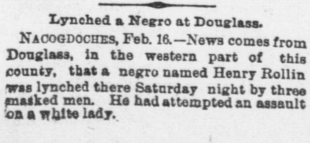 This brief article is only one of a few documenting for us the murderous lynching of Henry Rollins by masked men.
