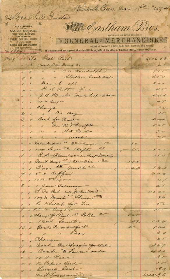 Image of the sales ledger from Eastham Bros, general store in Huntsville, Texas.