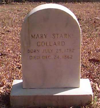 Mark Stark Collard, Elijah Collard's wife, is buried beside her husband at Gourd Creek Cemetery.