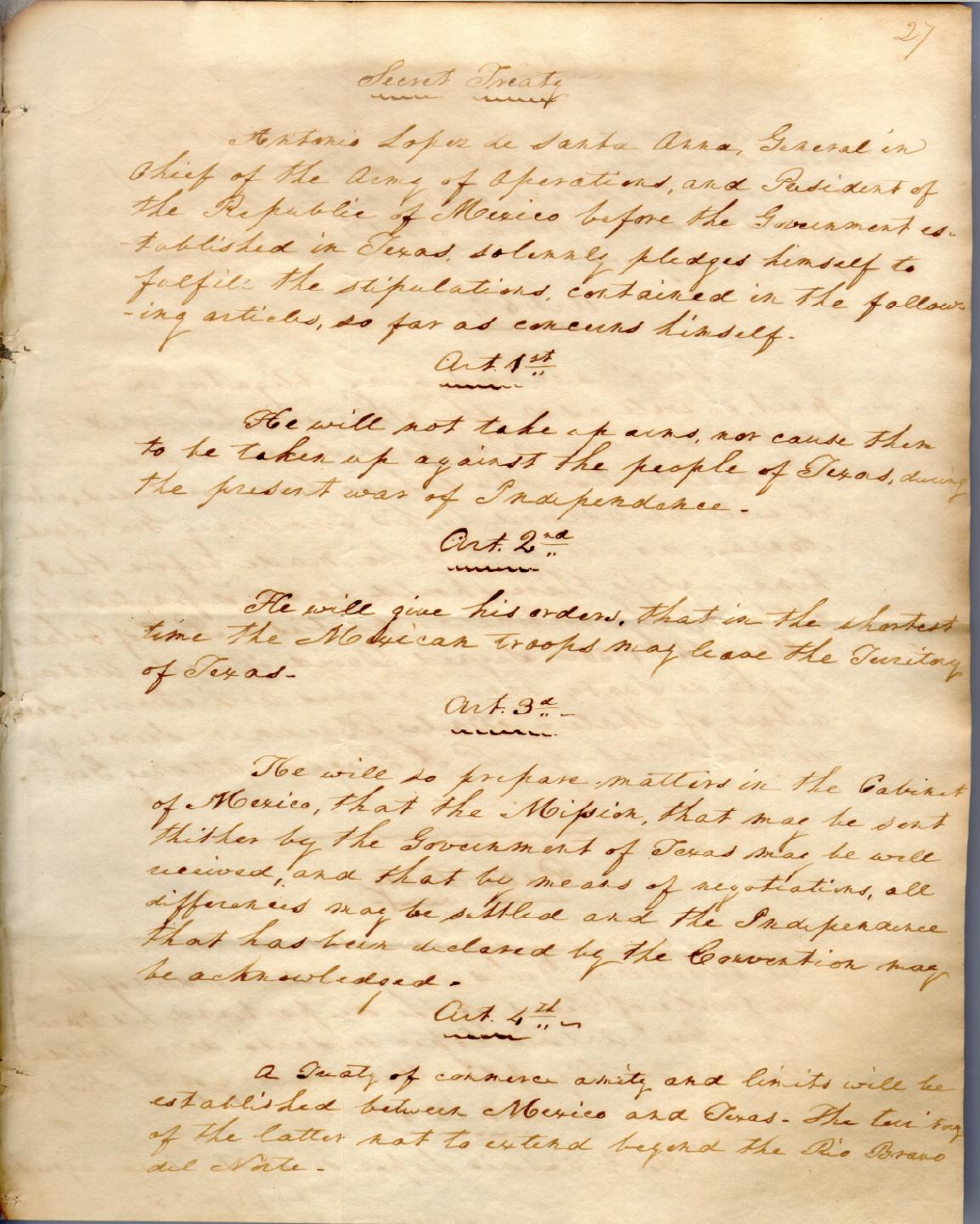Signed and certified copy of the public and private Treaties of Velasco (Page 1)