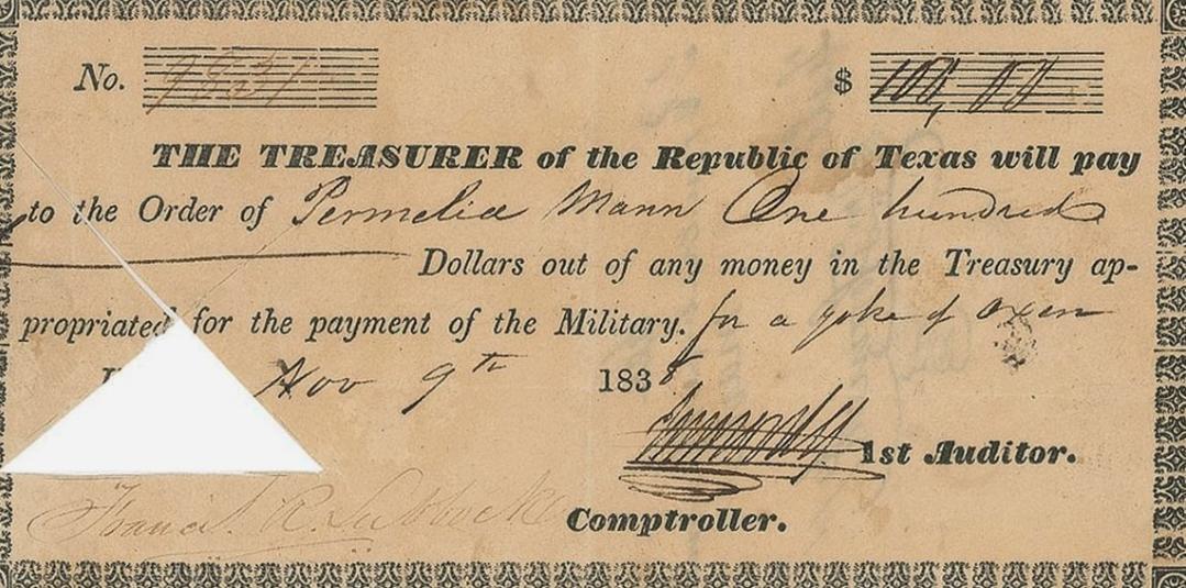 Treasury Warrant Issued to Pamelia Mann for Military Supplies (1838)