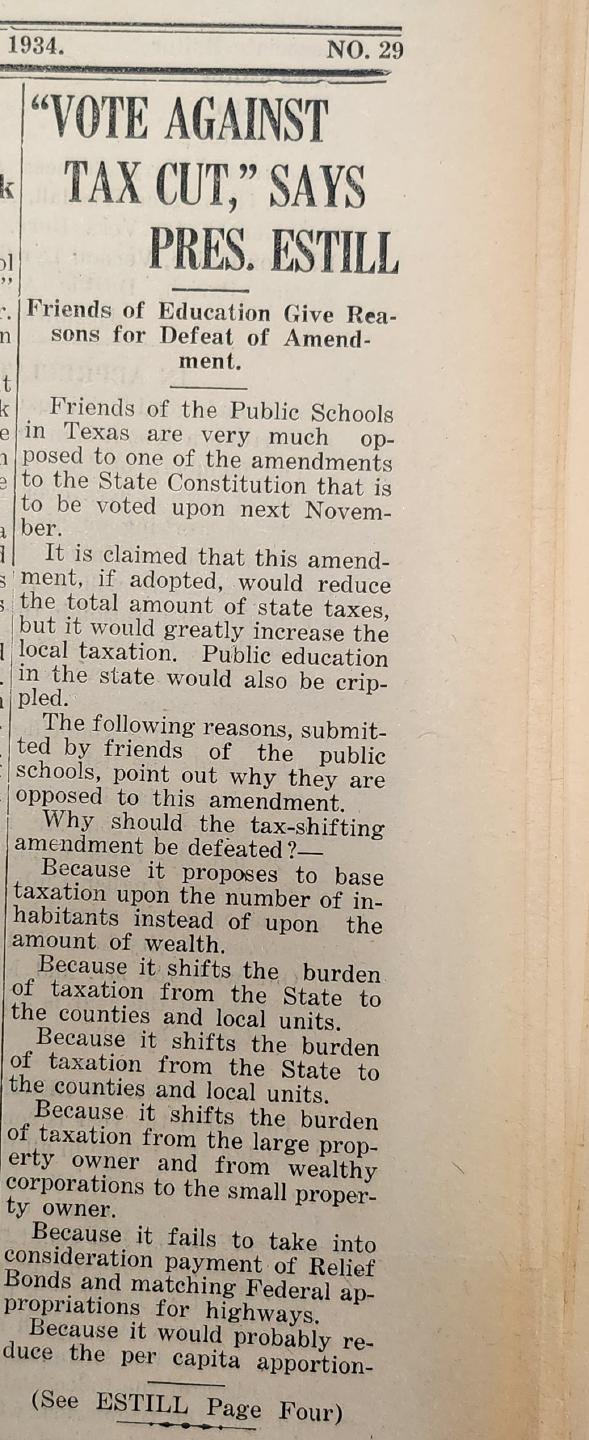 Excerpt from an article in Vol. XXI No. 29 of the Houstonian arguing against the Senate Joint Resolution #13 of 1934