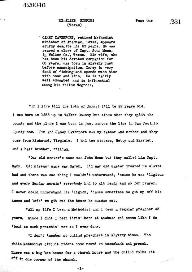 Page 281 from the Federal Writers' Project: Slave Narrative Project.