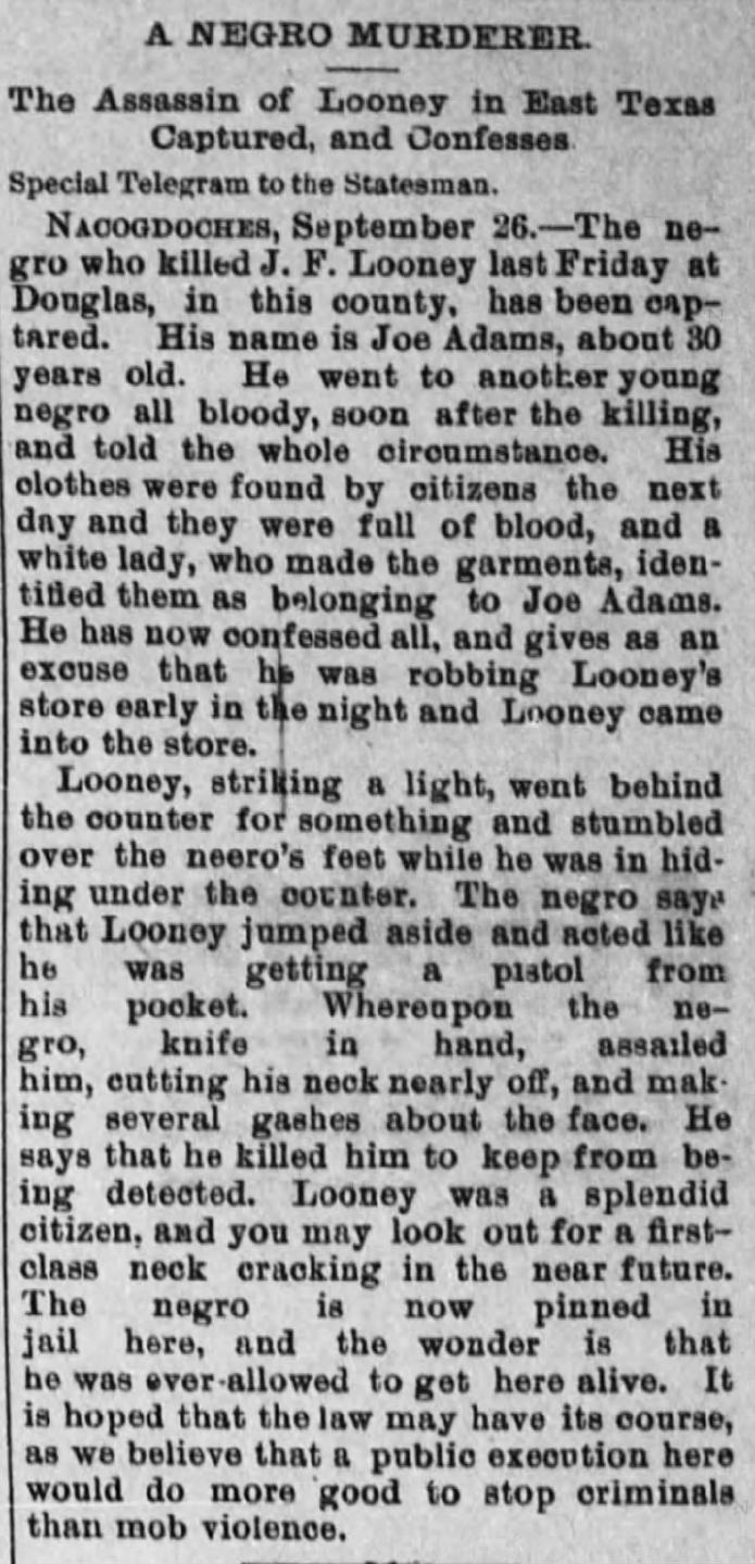 This newspaper article, which appeared shortly after Joe Adams’s arrest, described events in detail.