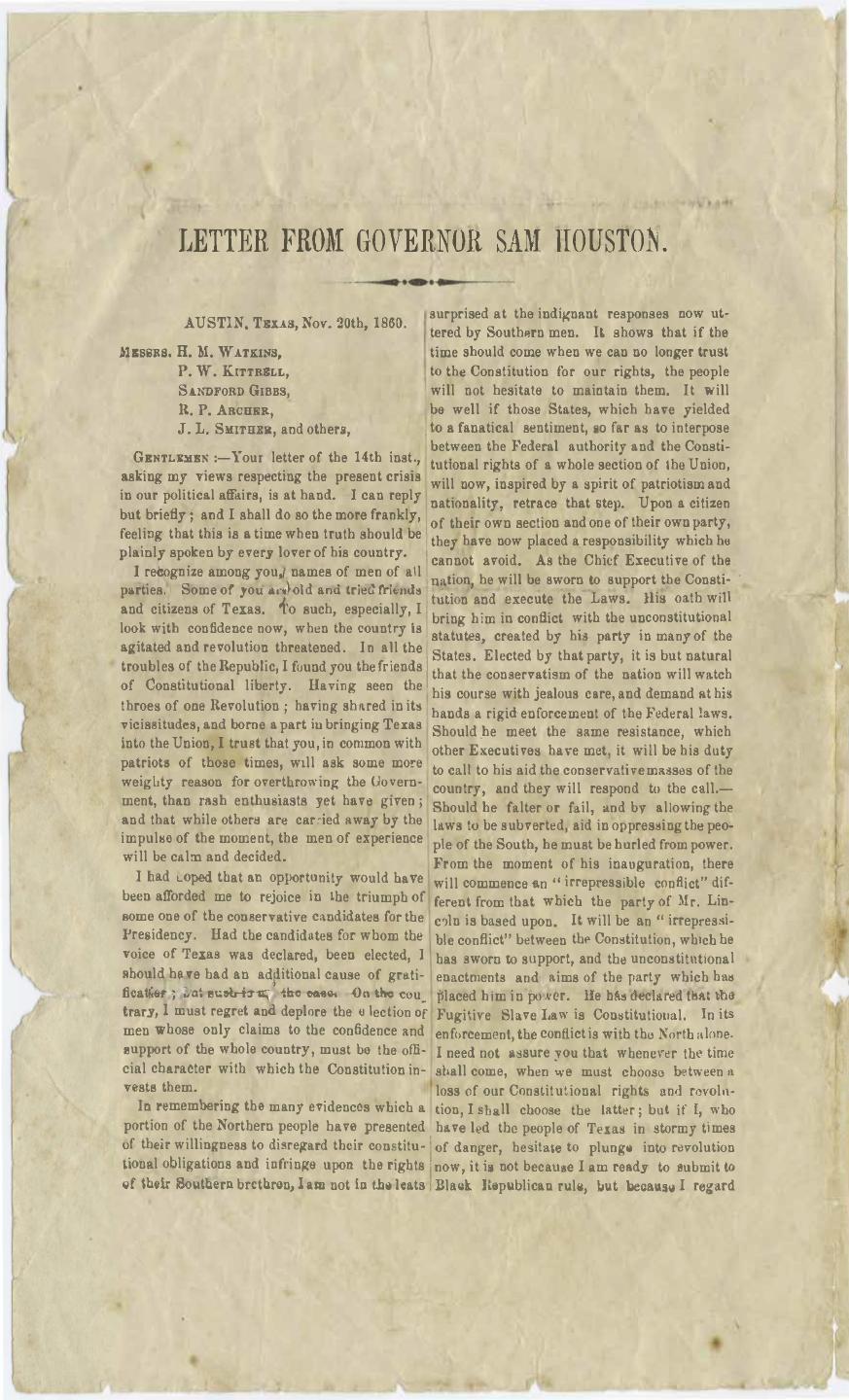 Letter from Sam Houston to the citizens of Huntsville, Texas, discussing the Union crisis, 1860.<br />