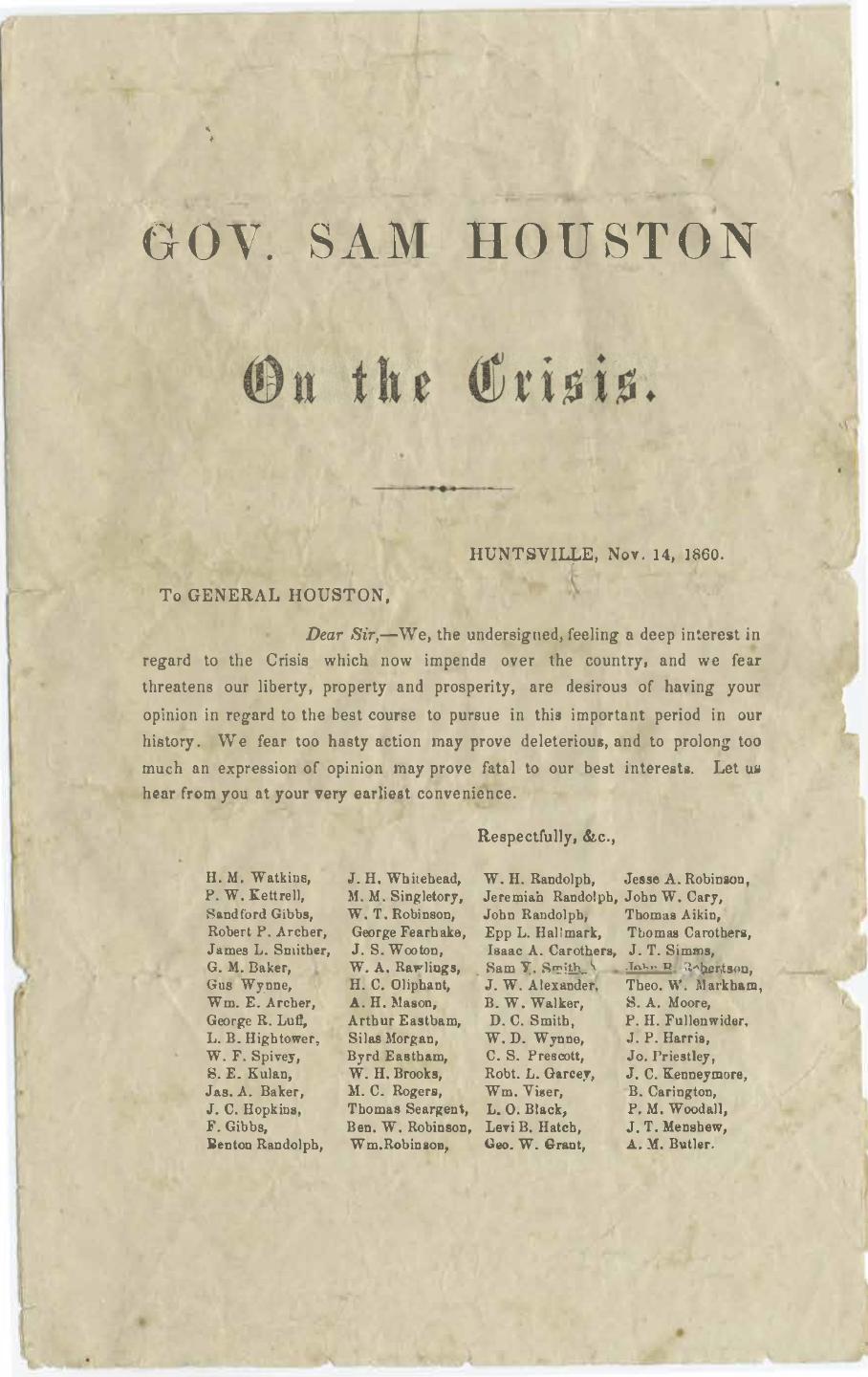 Letter from Sam Houston to the citizens of Huntsville, Texas, discussing the Union crisis, 1860.