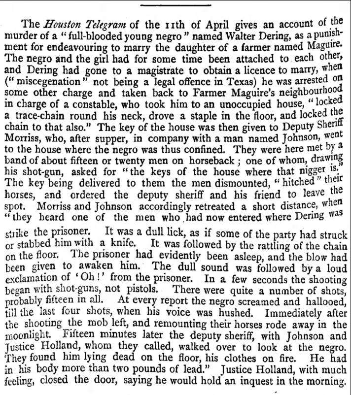 1878 newspaper report detailing the killing of Walter Dering in Walker County, Texas