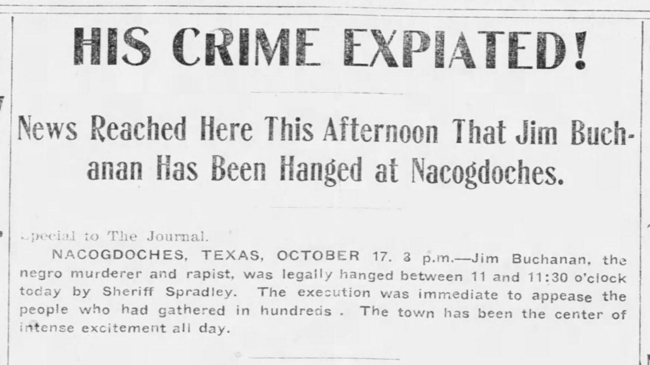 A quick and brief announcement of Buchanan’s lynching.