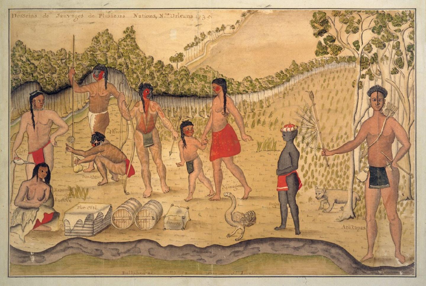 An illustration by Alexander de Batz depicts eight Indigenous people and one boy of African descent. One of the individuals is an Ishak person wearing a feather headdress, sporting facial tattoos, and carrying a calumet, a ceremonial pipe.