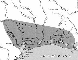 Territory of the Atakapa-speaking groups in the 18th century as reconstructed by W.W. Newcomb