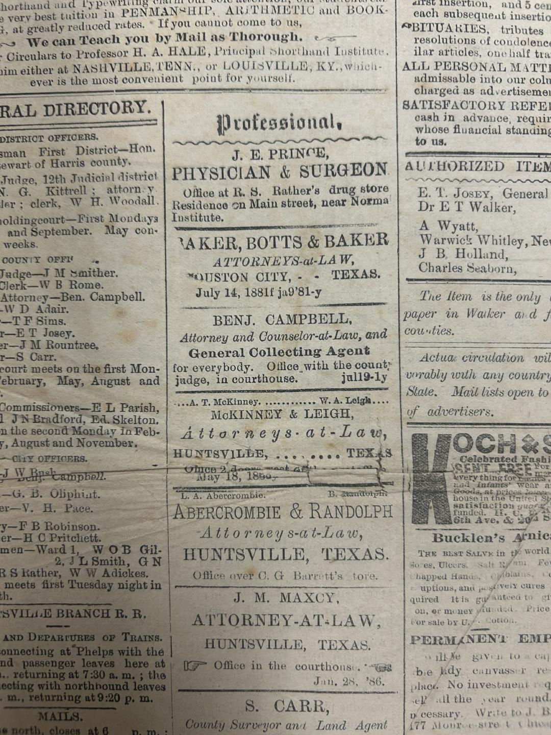 Adspace in The Huntsville Item in the 1880s